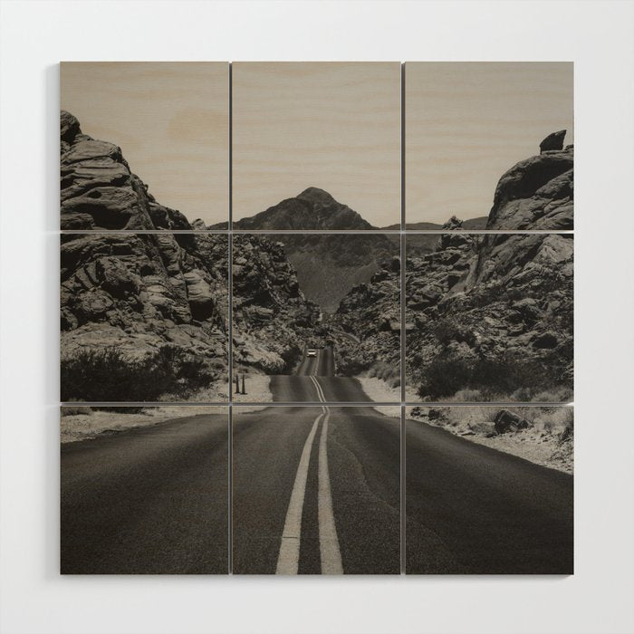 Black and White Desert Road Wood Wall Art Gallery Image 1