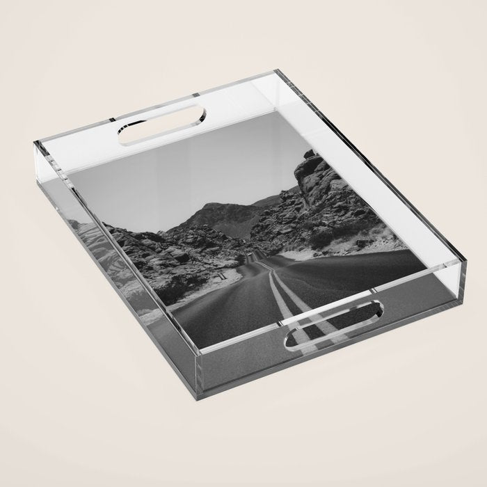 Black and White Desert Road Acrylic Tray Gallery Image 1
