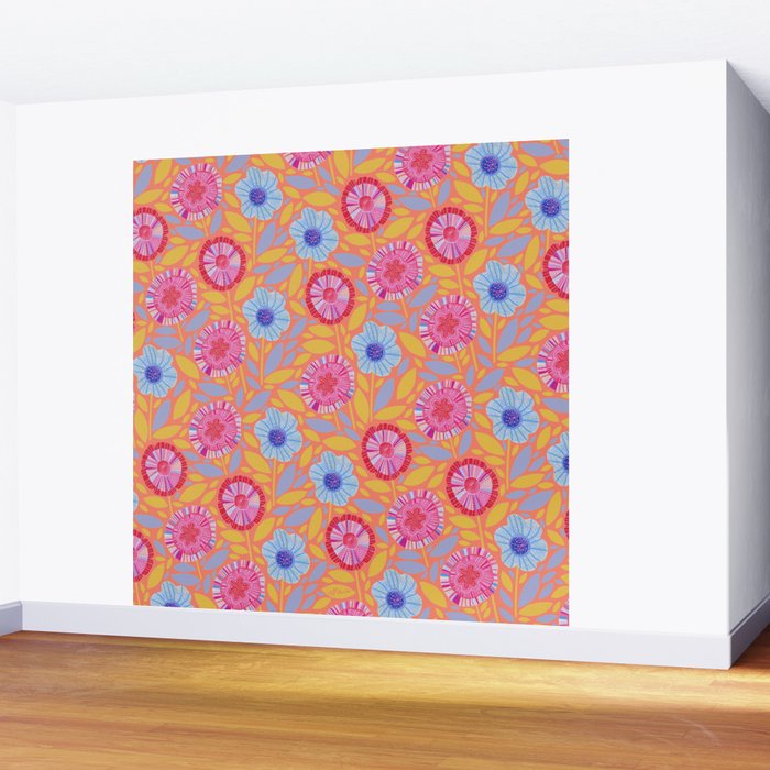 Folk Floral Blossoms in Sweet Peach Wall Mural Gallery Image 2