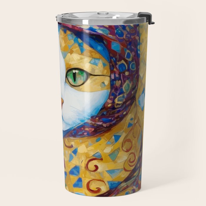 Klimt Cat with Green Eyes and a Colorful Scarf Travel Mug Gallery Image 2