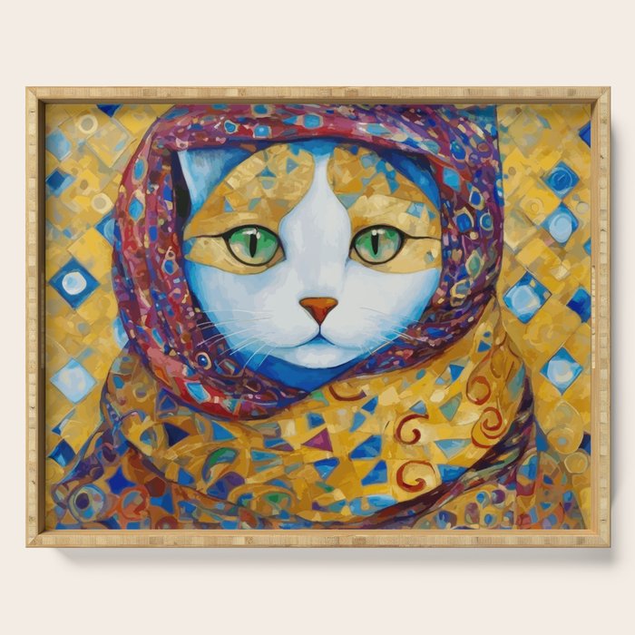 Klimt Cat with Green Eyes and a Colorful Scarf Serving Tray Gallery Image 1
