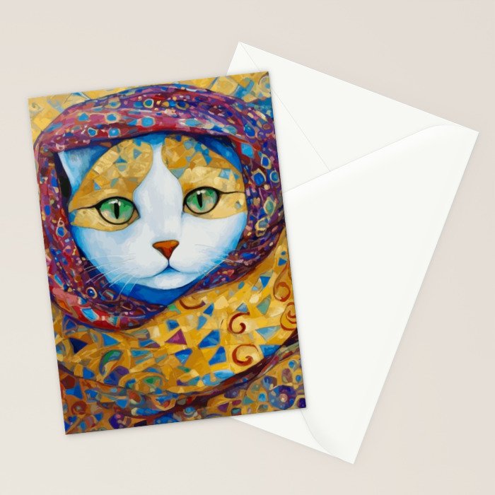 Klimt Cat with Green Eyes and a Colorful Scarf Stationery Card Gallery Image 2