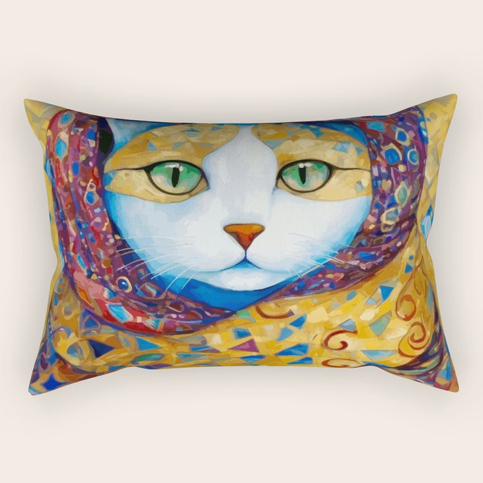Klimt Cat with Green Eyes and a Colorful Scarf Rectangular Pillow Gallery Image 2