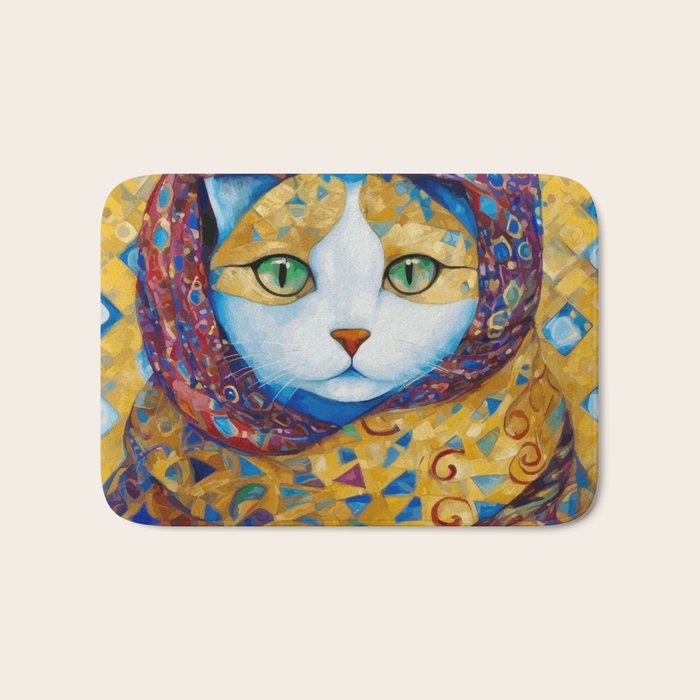 Klimt Cat with Green Eyes and a Colorful Scarf Bath Mat Gallery Image 1