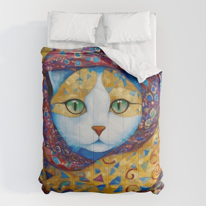 Klimt Cat with Green Eyes and a Colorful Scarf Comforter Gallery Image 6