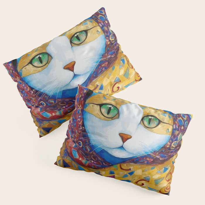 Klimt Cat with Green Eyes and a Colorful Scarf Pillow Sham Gallery Image 3