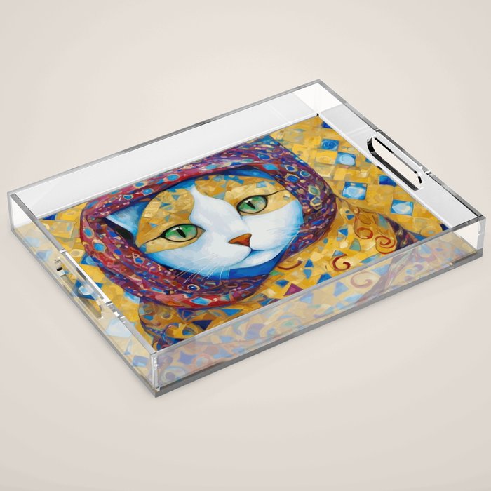 Klimt Cat with Green Eyes and a Colorful Scarf Acrylic Tray Gallery Image 1
