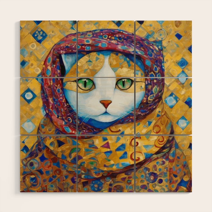 Klimt Cat with Green Eyes and a Colorful Scarf Wood Wall Art Gallery Image 1