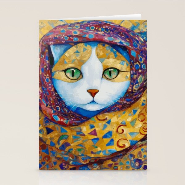 Klimt Cat with Green Eyes and a Colorful Scarf Stationery Card Gallery Image 2