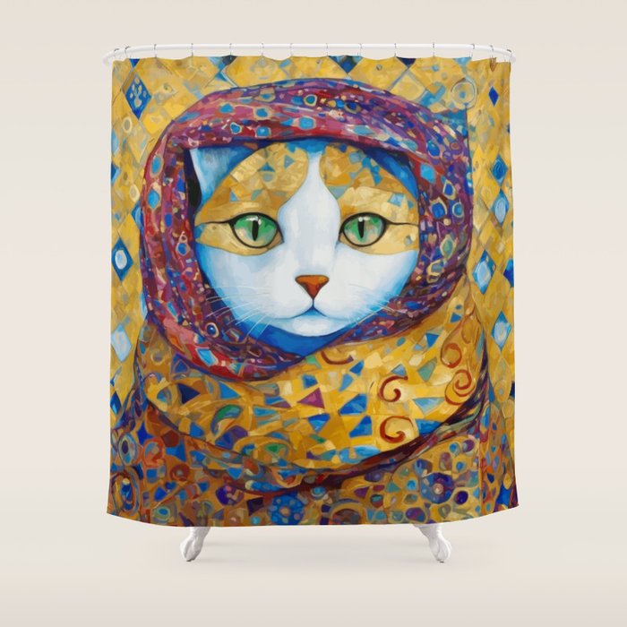 Klimt Cat with Green Eyes and a Colorful Scarf Shower Curtain Gallery Image 1