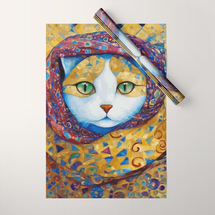 Klimt Cat with Green Eyes and a Colorful Scarf Wrapping Paper Gallery Image 1