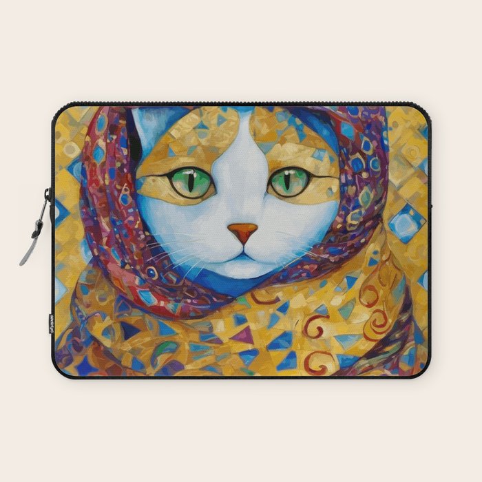 Klimt Cat with Green Eyes and a Colorful Scarf Laptop Sleeve Gallery Image 1