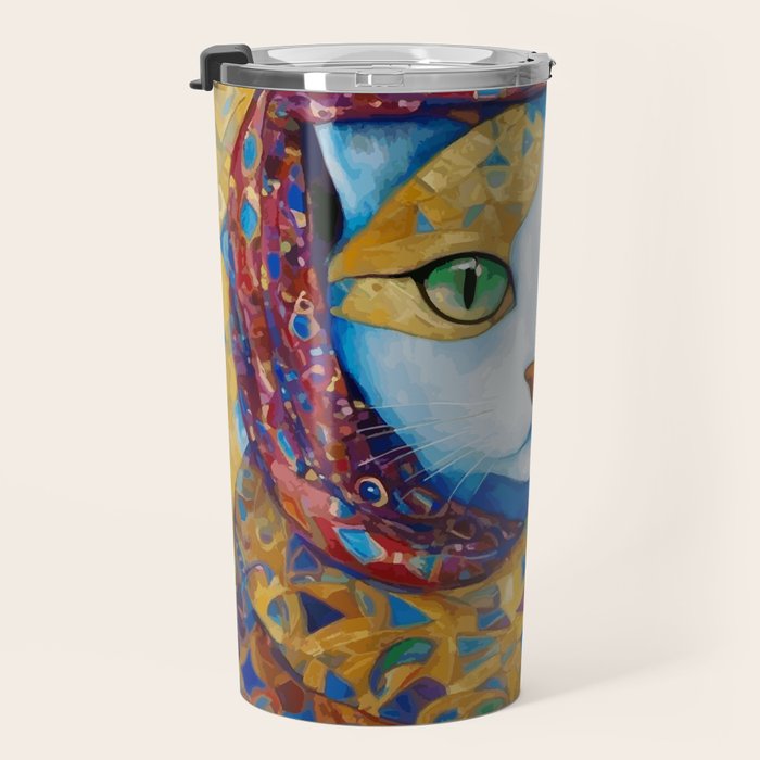 Klimt Cat with Green Eyes and a Colorful Scarf Travel Mug Gallery Image 3