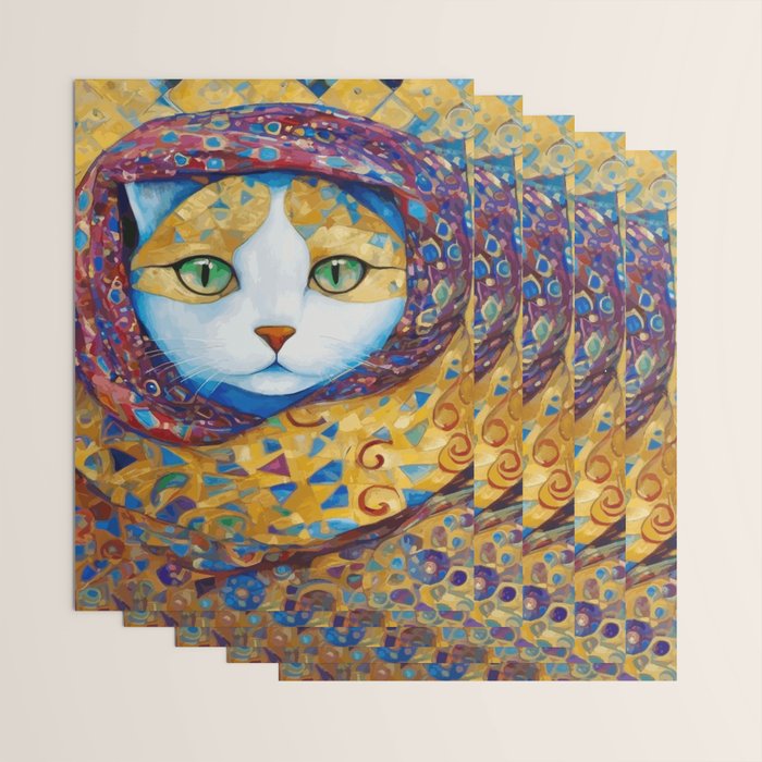 Klimt Cat with Green Eyes and a Colorful Scarf Wrapping Paper Gallery Image 3
