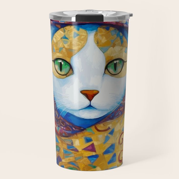 Klimt Cat with Green Eyes and a Colorful Scarf Travel Mug Gallery Image 1