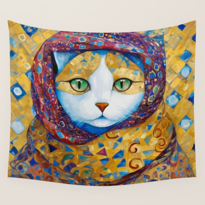Klimt Cat with Green Eyes and a Colorful Scarf Wall Tapestry Gallery Image 1