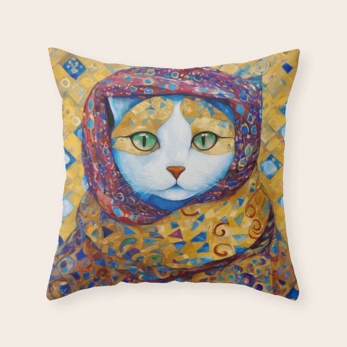 Klimt Cat with Green Eyes and a Colorful Scarf Throw Pillow Gallery Image 6