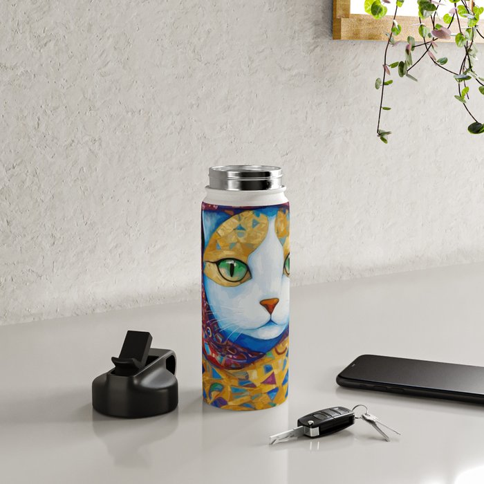 Klimt Cat with Green Eyes and a Colorful Scarf Water Bottle Gallery Image 4