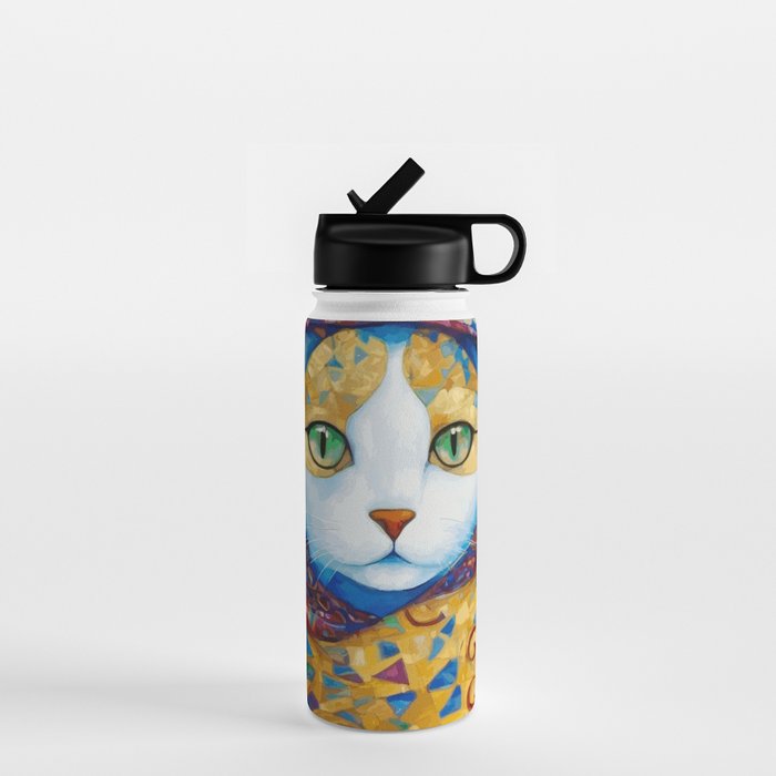 Klimt Cat with Green Eyes and a Colorful Scarf Water Bottle Gallery Image 1
