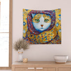 Klimt Cat with Green Eyes and a Colorful Scarf Wall Tapestry Gallery Image 2