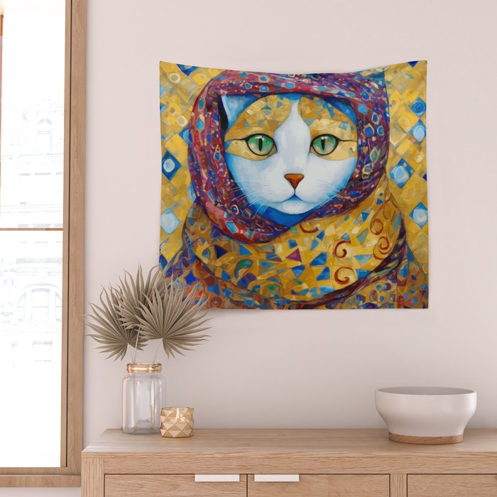 Klimt Cat with Green Eyes and a Colorful Scarf Wall Tapestry Gallery Image 2