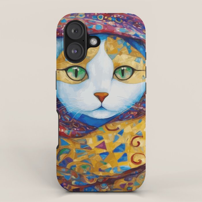 Klimt Cat with Green Eyes and a Colorful Scarf iPhone Case Gallery Image 1