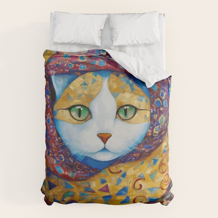 Klimt Cat with Green Eyes and a Colorful Scarf Duvet Cover Gallery Image 6