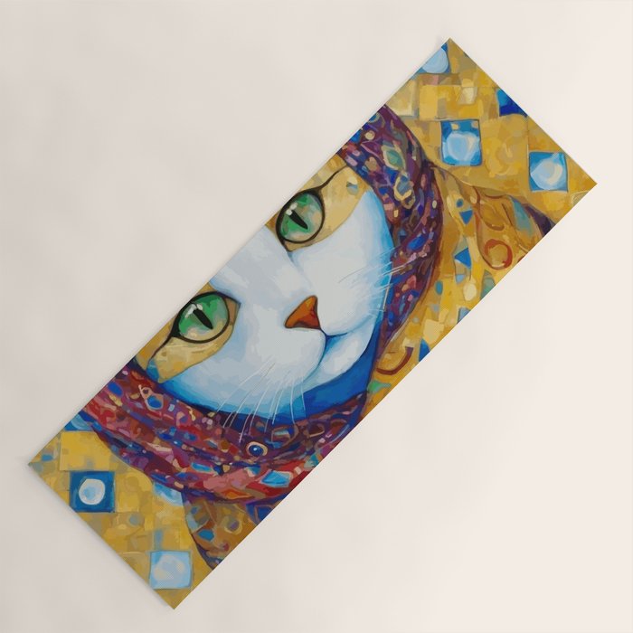 Klimt Cat with Green Eyes and a Colorful Scarf Yoga Mat Gallery Image 1