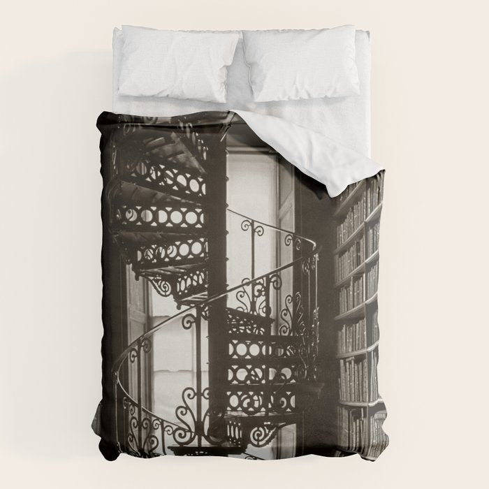 Trinity College, Dublin, Ireland, iron spiral stairs in Library College Long Room black and white photograph Duvet Cover Gallery Image 1