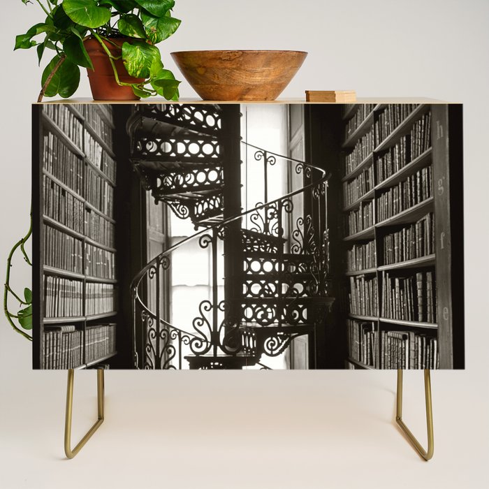 Trinity College, Dublin, Ireland, iron spiral stairs in Library College Long Room black and white photograph Credenza Gallery Image 1