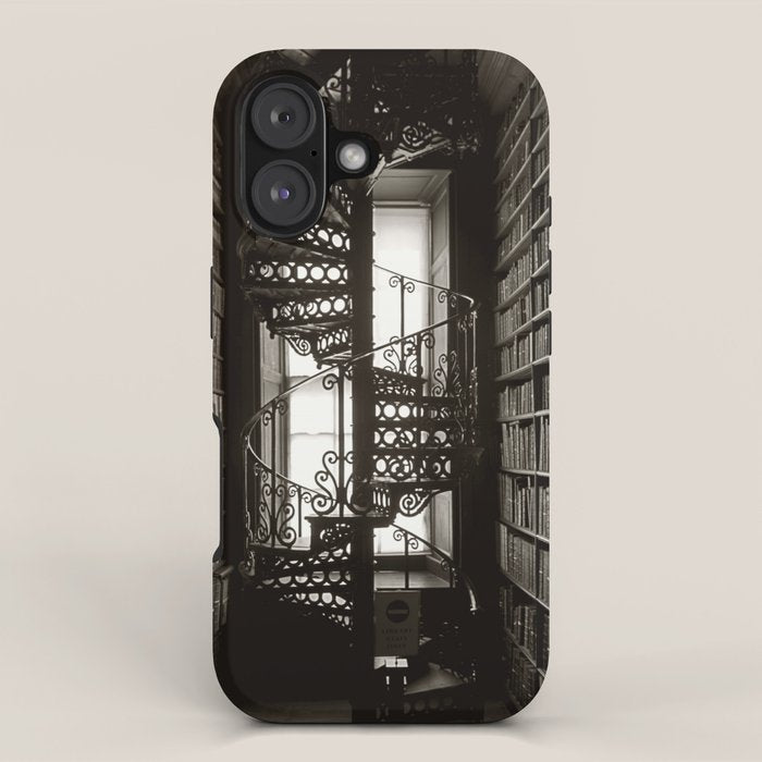 Trinity College, Dublin, Ireland, iron spiral stairs in Library College Long Room black and white photograph iPhone Case Gallery Image 1