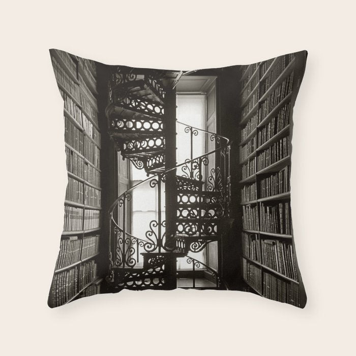 Trinity College, Dublin, Ireland, iron spiral stairs in Library College Long Room black and white photograph Throw Pillow Gallery Image 6