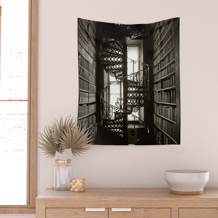 Trinity College, Dublin, Ireland, iron spiral stairs in Library College Long Room black and white photograph Wall Tapestry Gallery Image 2