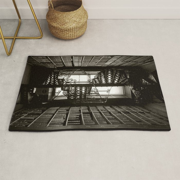 Trinity College, Dublin, Ireland, iron spiral stairs in Library College Long Room black and white photograph Rug Gallery Image 1