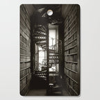 Trinity College, Dublin, Ireland, iron spiral stairs in Library College Long Room black and white photograph Cutting Board Gallery Image 1