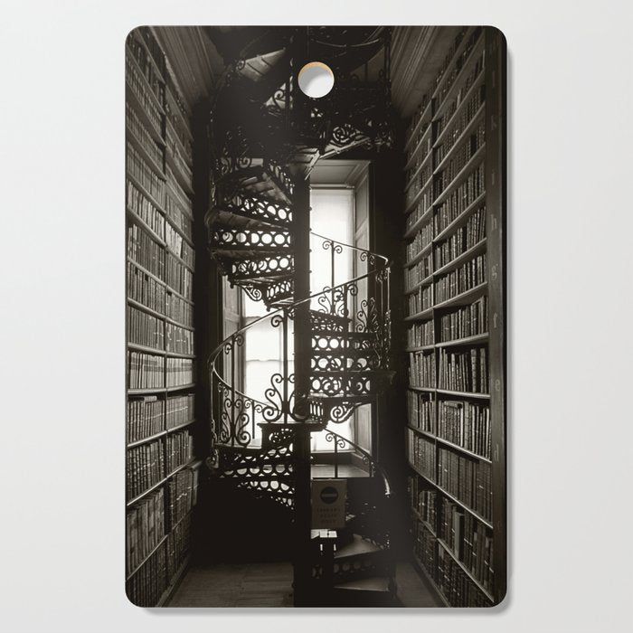 Trinity College, Dublin, Ireland, iron spiral stairs in Library College Long Room black and white photograph Cutting Board Gallery Image 1