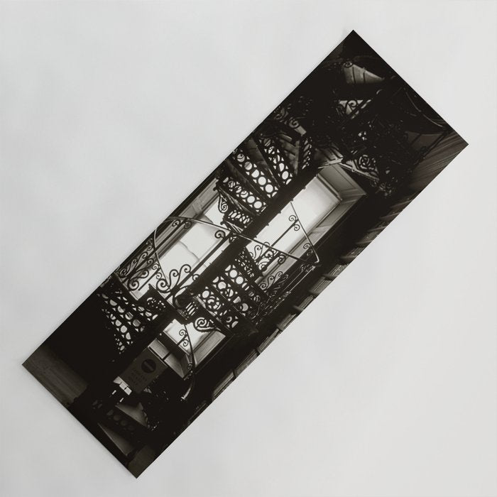 Trinity College, Dublin, Ireland, iron spiral stairs in Library College Long Room black and white photograph Yoga Mat Gallery Image 1