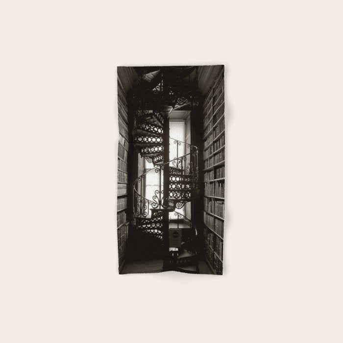 Trinity College, Dublin, Ireland, iron spiral stairs in Library College Long Room black and white photograph Bath Towel Gallery Image 1