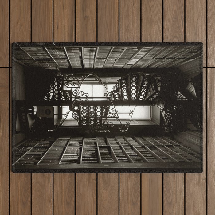 Trinity College, Dublin, Ireland, iron spiral stairs in Library College Long Room black and white photograph Outdoor Rug Gallery Image 1