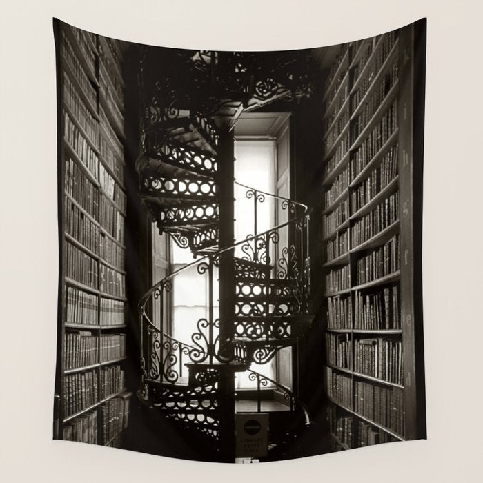 Trinity College, Dublin, Ireland, iron spiral stairs in Library College Long Room black and white photograph Wall Tapestry Gallery Image 1