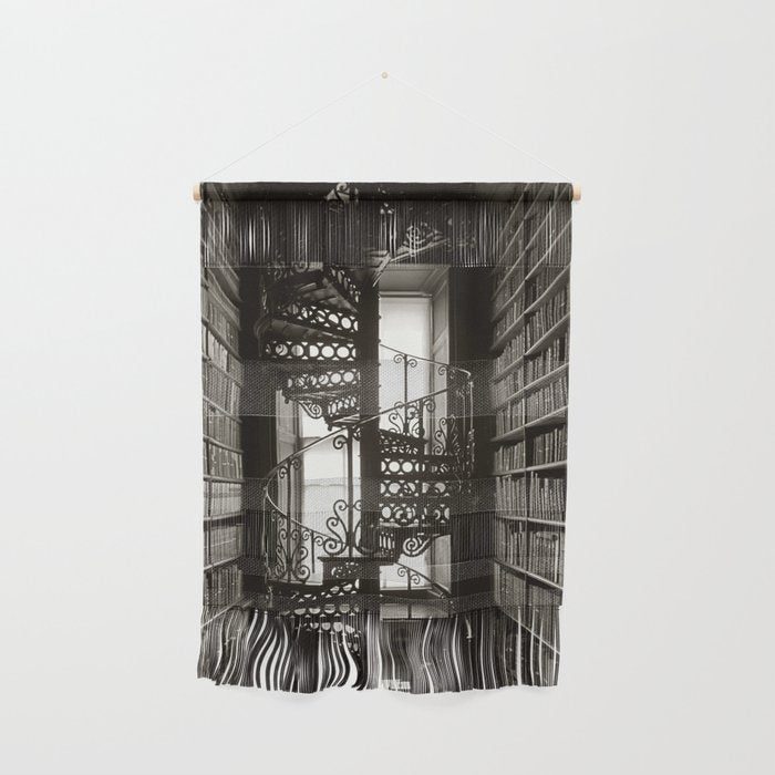 Trinity College, Dublin, Ireland, iron spiral stairs in Library College Long Room black and white photograph Wall Hanging Gallery Image 1