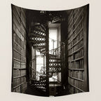 Trinity College, Dublin, Ireland, iron spiral stairs in Library College Long Room black and white photograph Wall Tapestry Gallery Image 4
