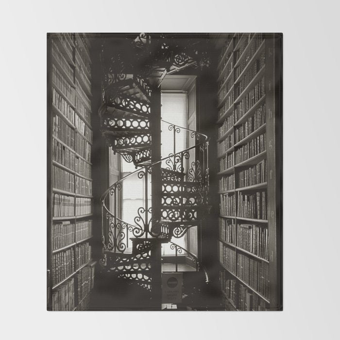 Trinity College, Dublin, Ireland, iron spiral stairs in Library College Long Room black and white photograph Throw Blanket Gallery Image 2