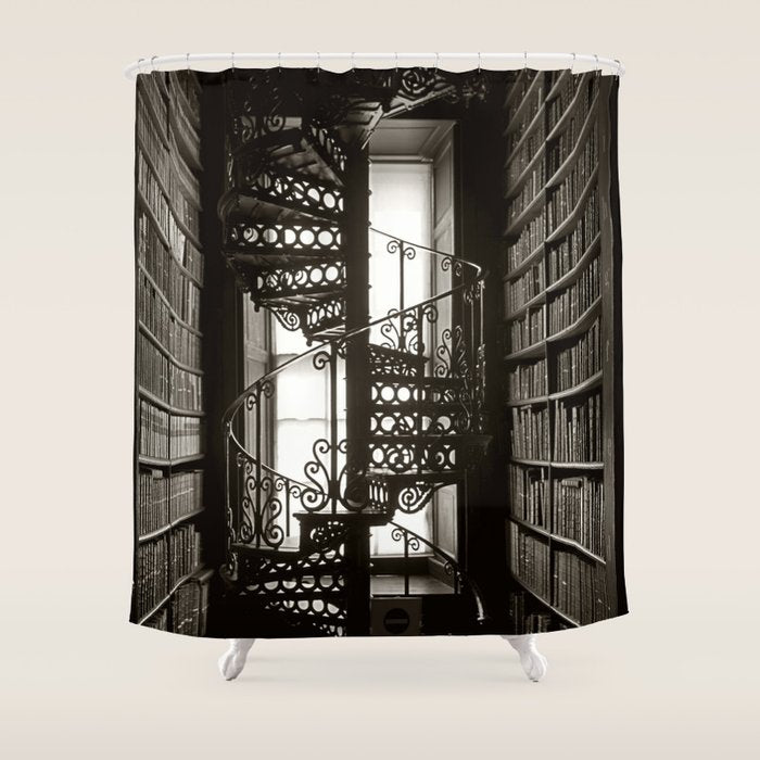 Trinity College, Dublin, Ireland, iron spiral stairs in Library College Long Room black and white photograph Shower Curtain Gallery Image 1