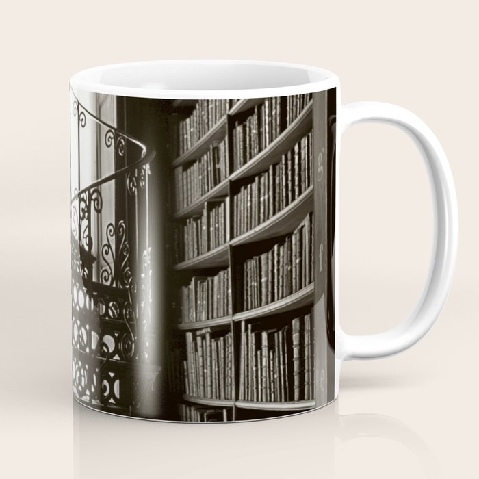 Trinity College, Dublin, Ireland, iron spiral stairs in Library College Long Room black and white photograph Coffee Mug Gallery Image 1