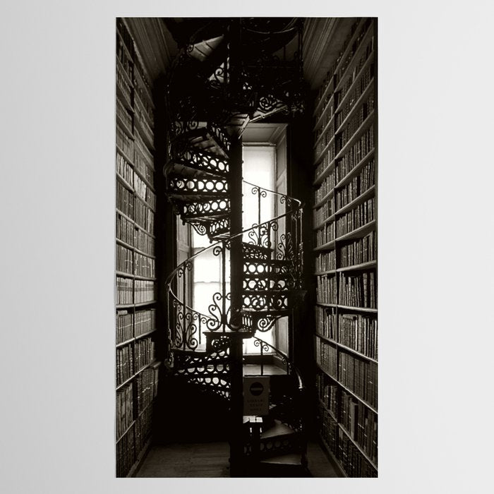 Trinity College, Dublin, Ireland, iron spiral stairs in Library College Long Room black and white photograph Tablecloth Gallery Image 2