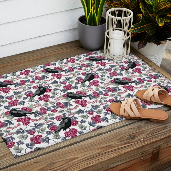 Crows, Bleeding Hearts & Roses Floral/Botanical Pattern Outdoor Rug Gallery Image 2