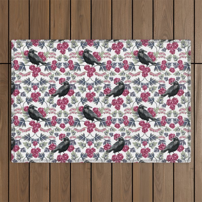 Crows, Bleeding Hearts & Roses Floral/Botanical Pattern Outdoor Rug Gallery Image 1