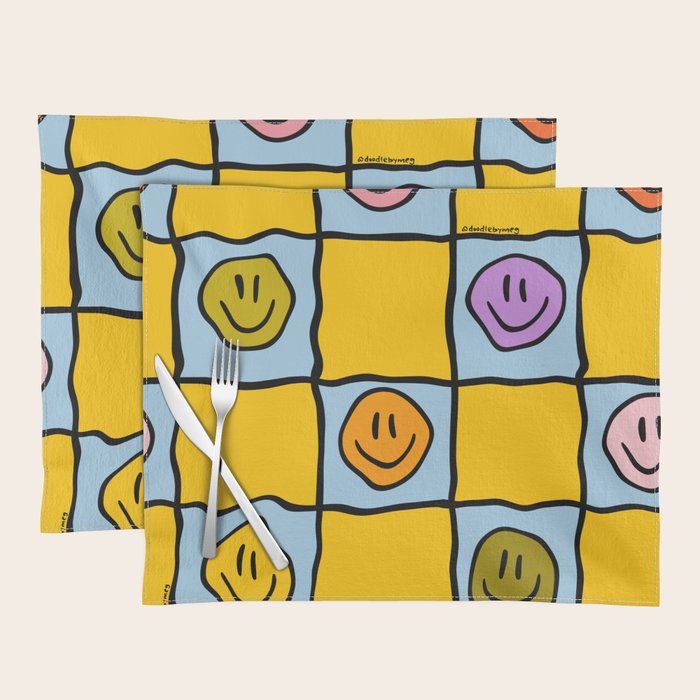Yellow Happy Face Checkerboard Print Placemat Gallery Image 1