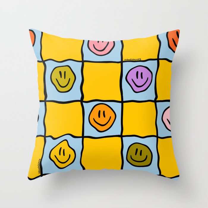 Yellow Happy Face Checkerboard Print Throw Pillow Gallery Image 1